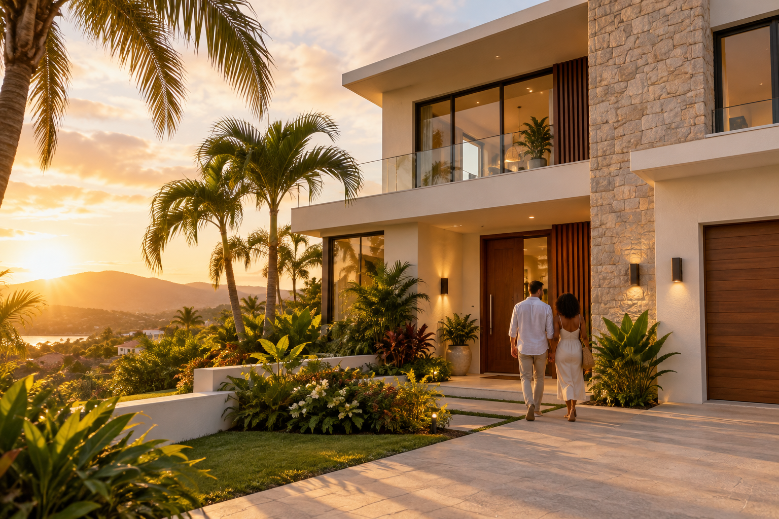 Casa moderna con una pareja entrando a su nuevo hogar