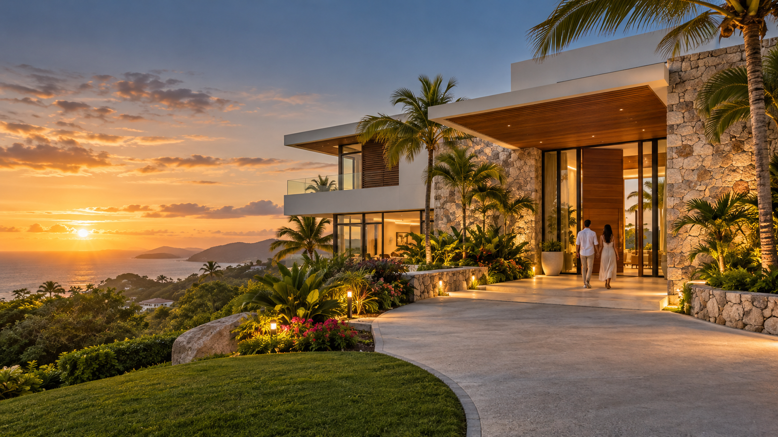 Villa moderna frente al mar al atardecer